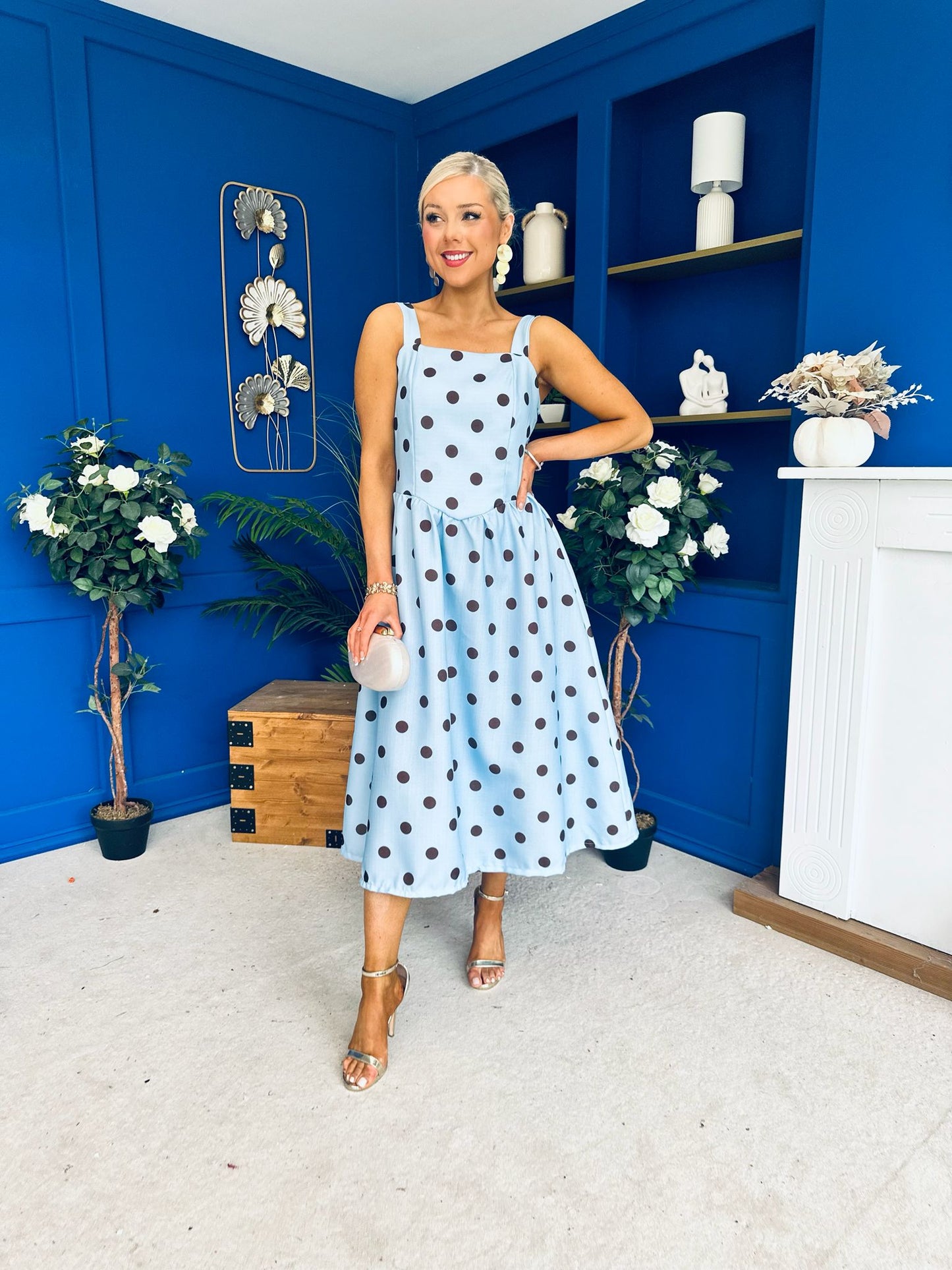 Casia Detailed Midi Dress Polka Blue