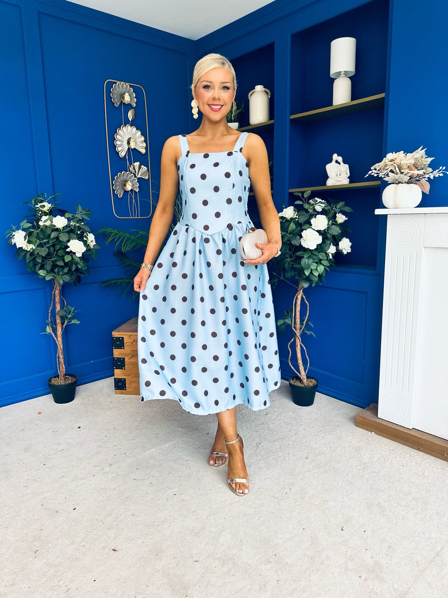Casia Detailed Midi Dress Polka Blue