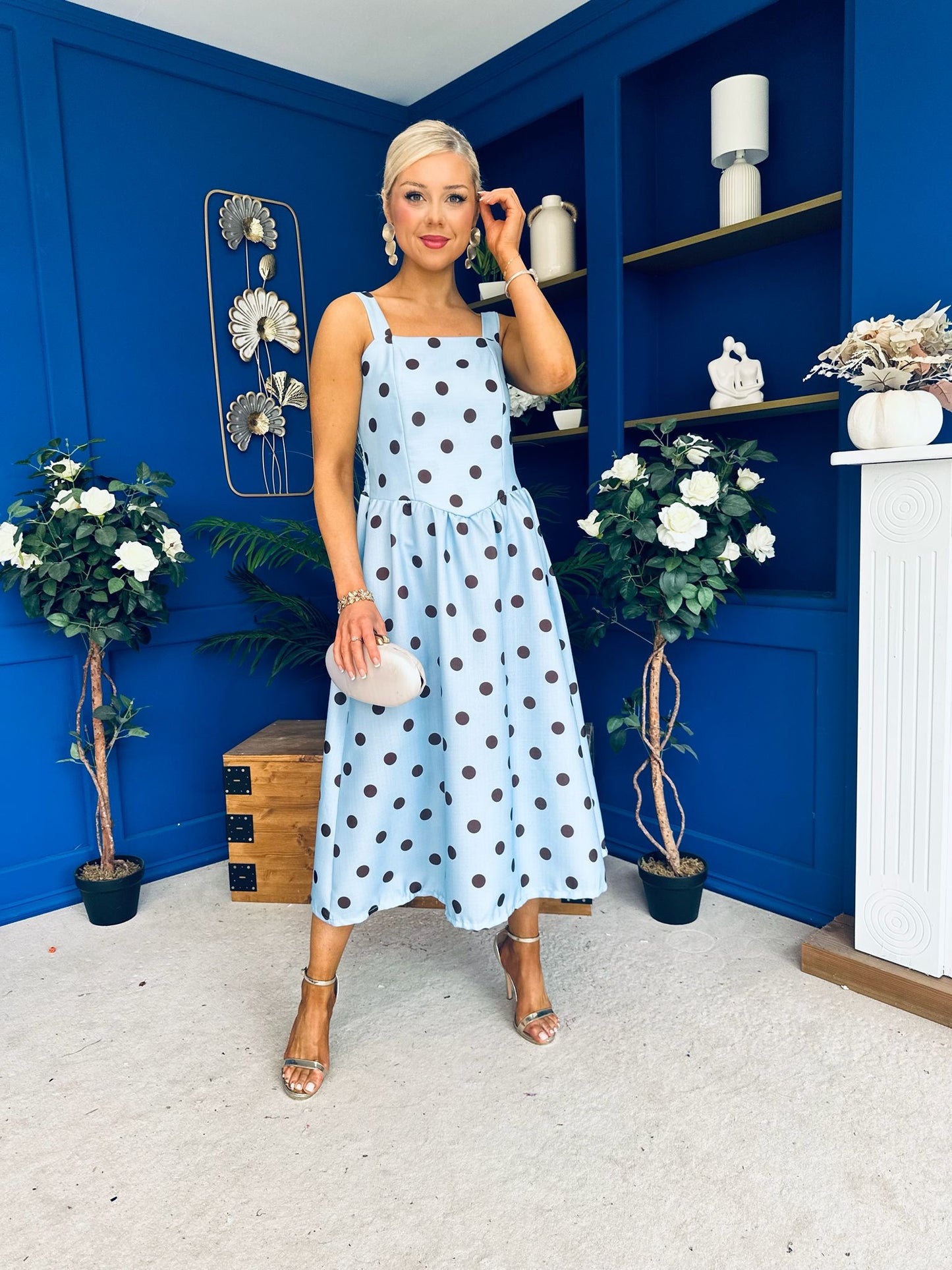 Casia Detailed Midi Dress Polka Blue