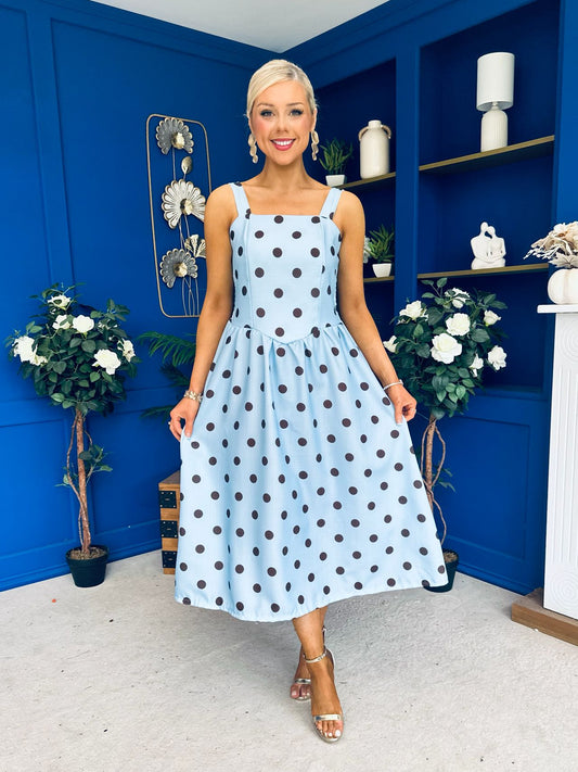Casia Detailed Midi Dress Polka Blue
