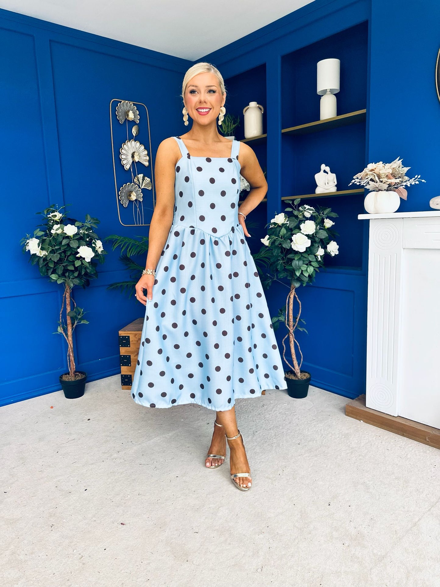 Casia Detailed Midi Dress Polka Blue