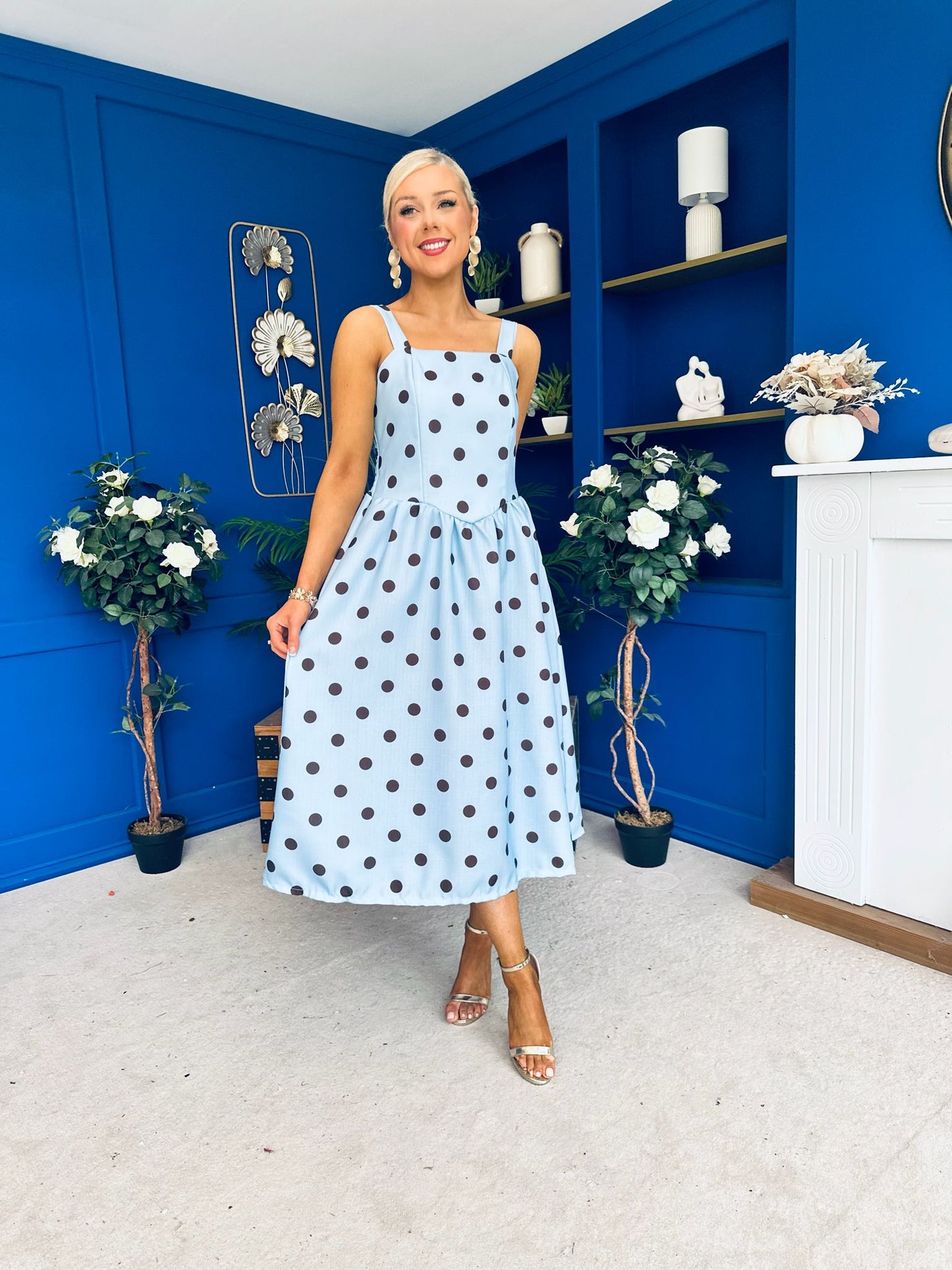 Casia Detailed Midi Dress Polka Blue