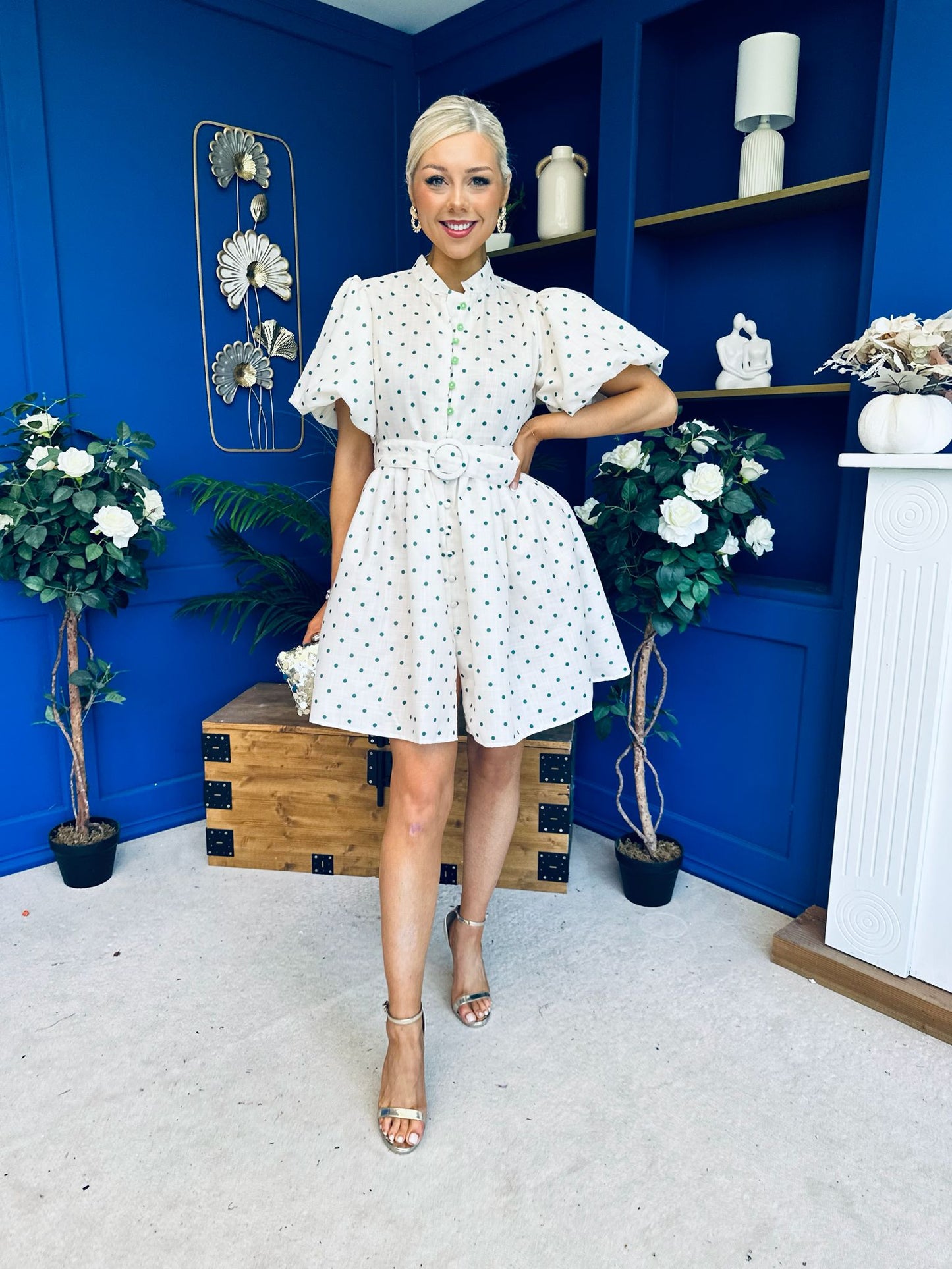 Kamilla Puff Sleeve Shirt Dress Green Polka Cream