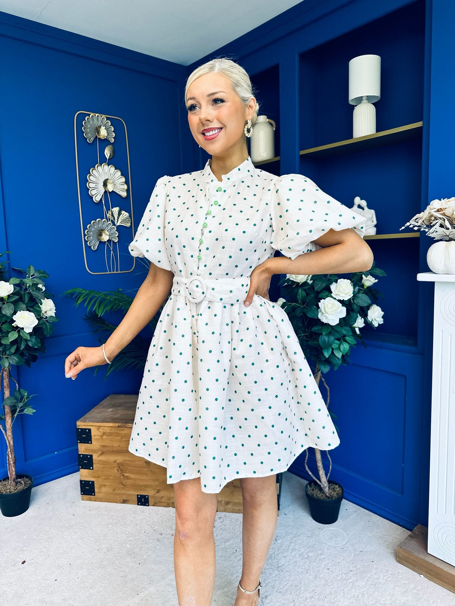 Kamilla Puff Sleeve Shirt Dress Green Polka Cream
