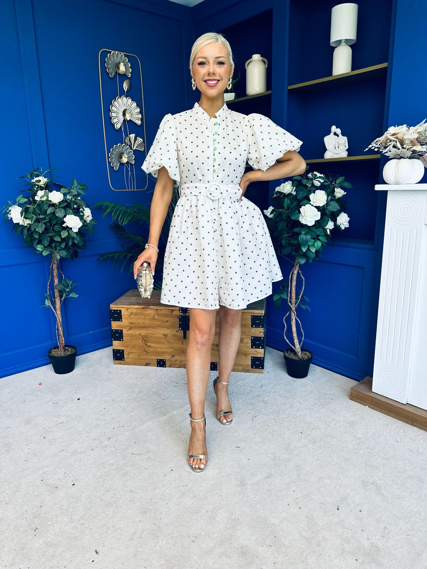 Kamilla Puff Sleeve Shirt Dress Green Polka Cream