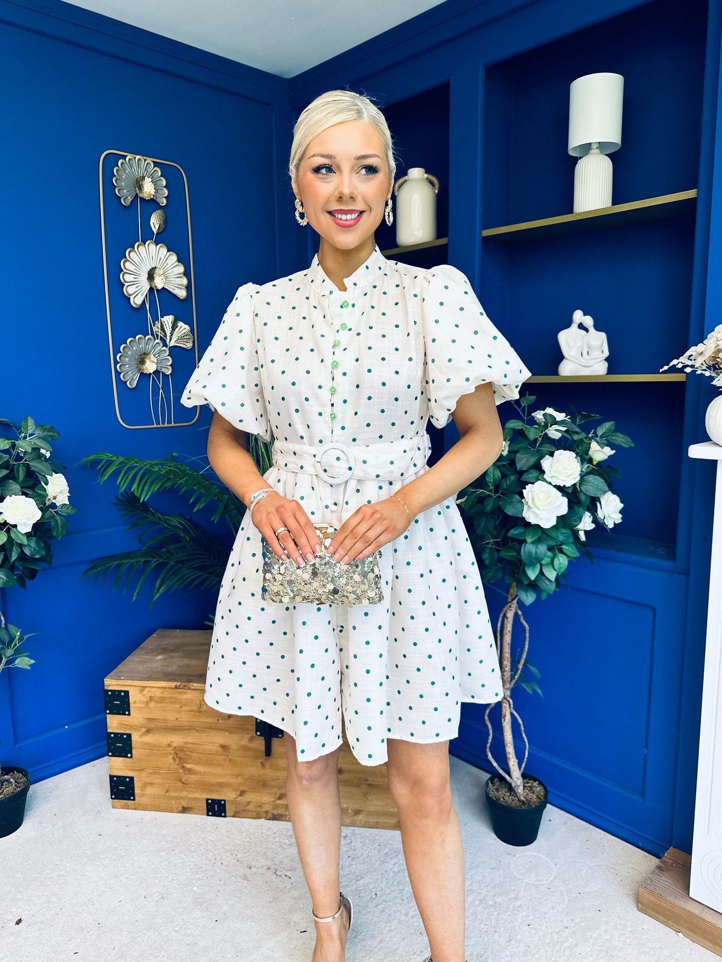 Kamilla Puff Sleeve Shirt Dress Green Polka Cream