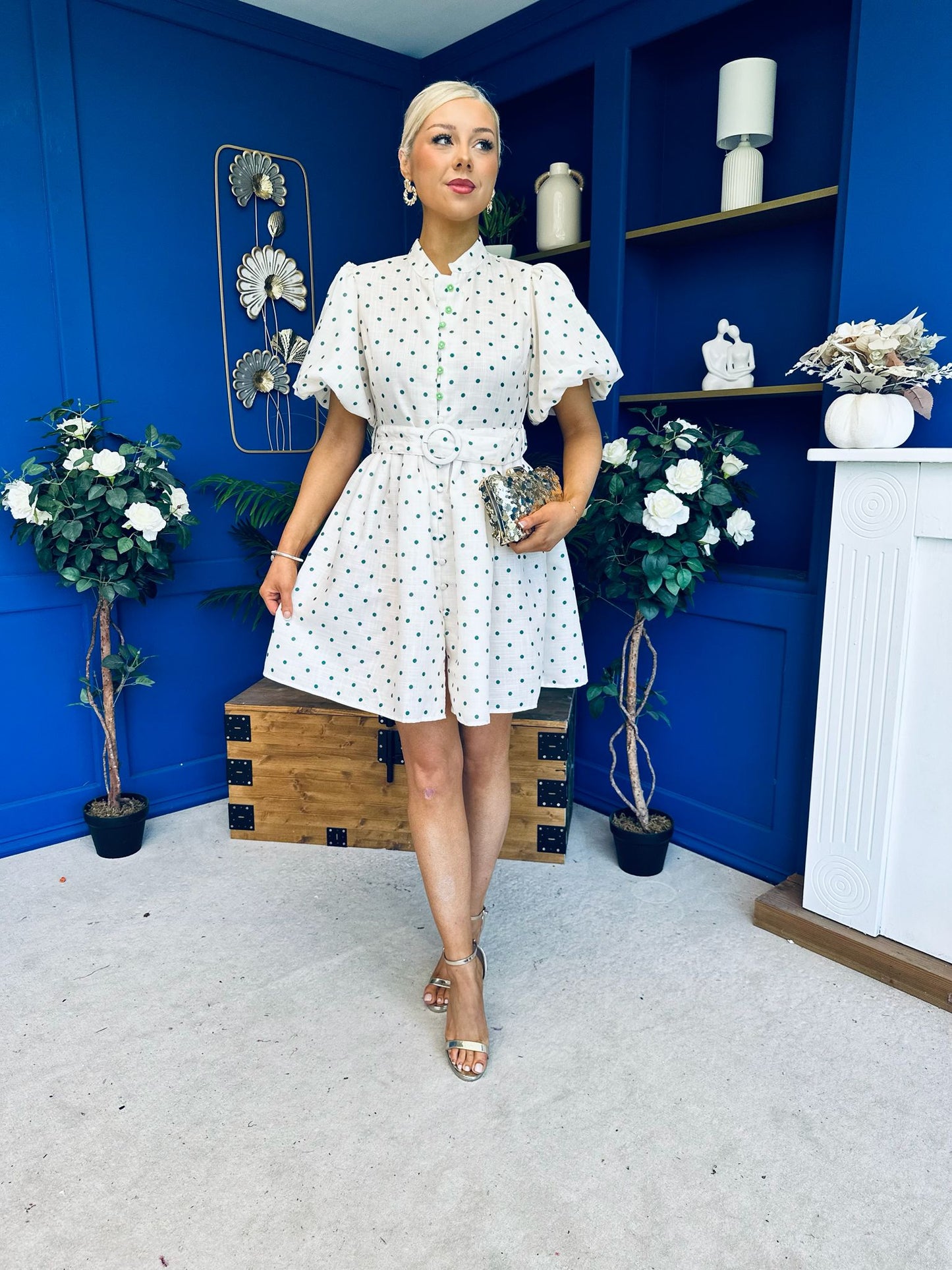 Kamilla Puff Sleeve Shirt Dress Green Polka Cream