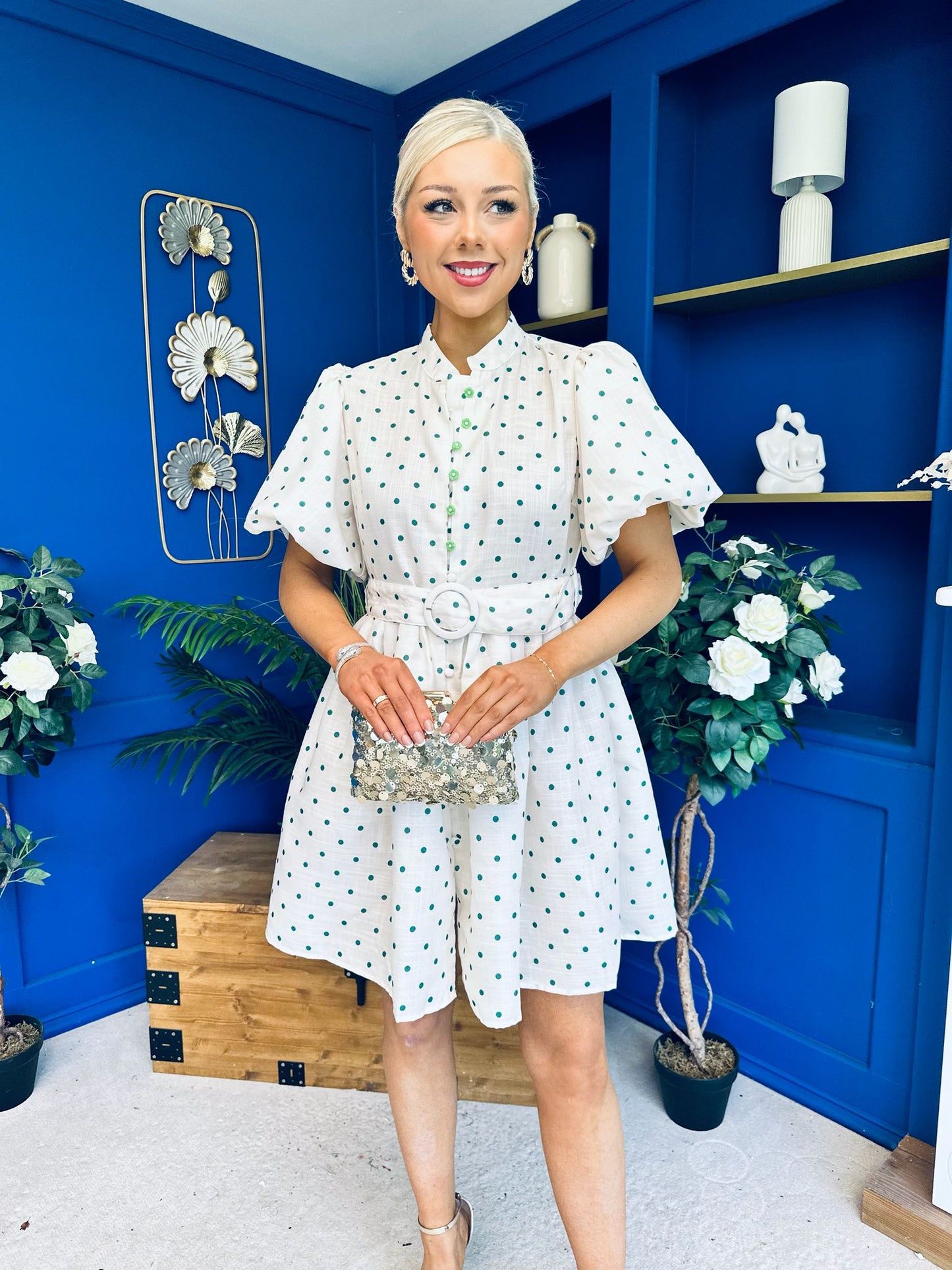 Kamilla Puff Sleeve Shirt Dress Green Polka Cream