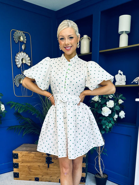 Kamilla Puff Sleeve Shirt Dress Green Polka Cream