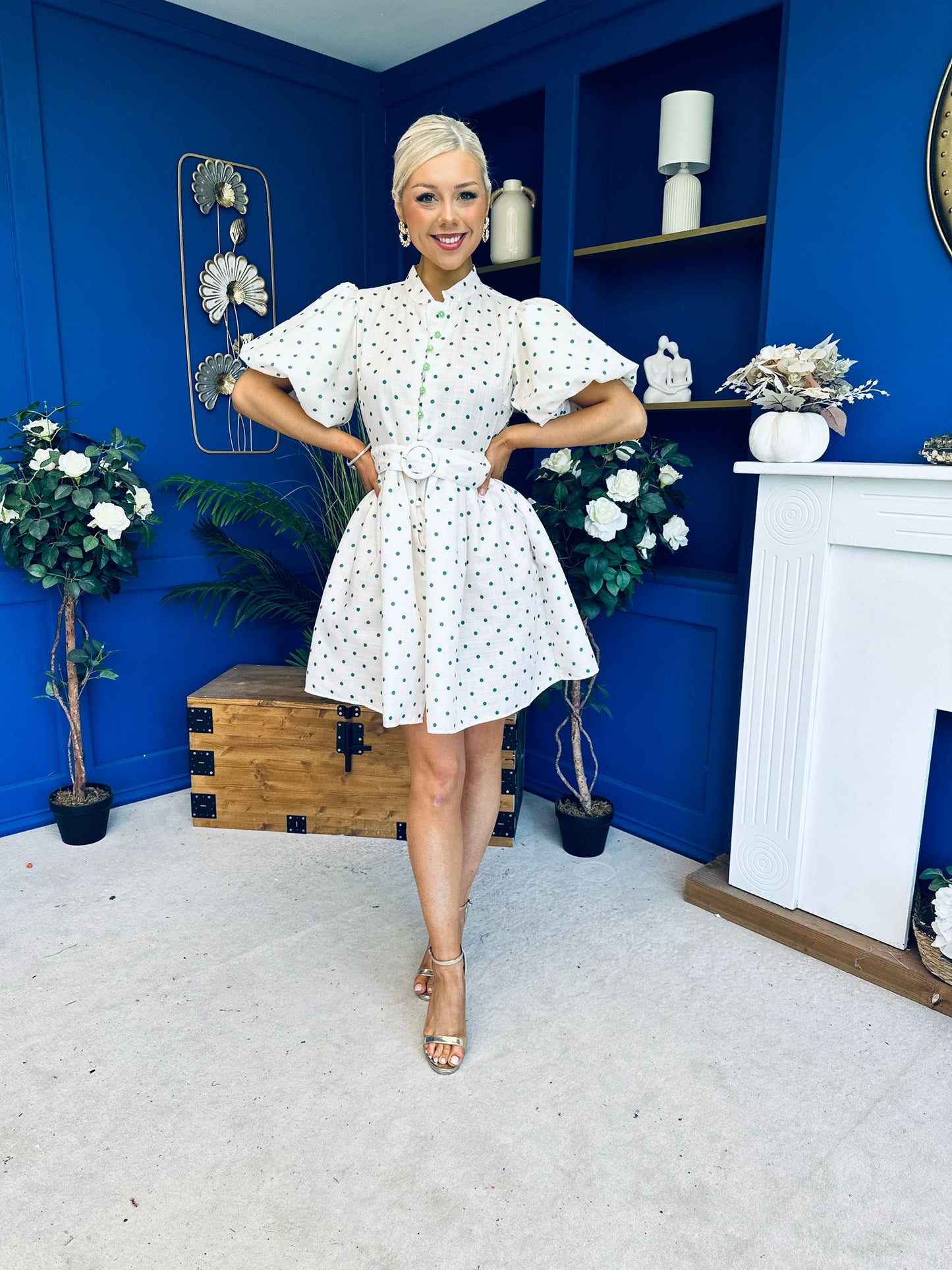 Kamilla Puff Sleeve Shirt Dress Green Polka Cream