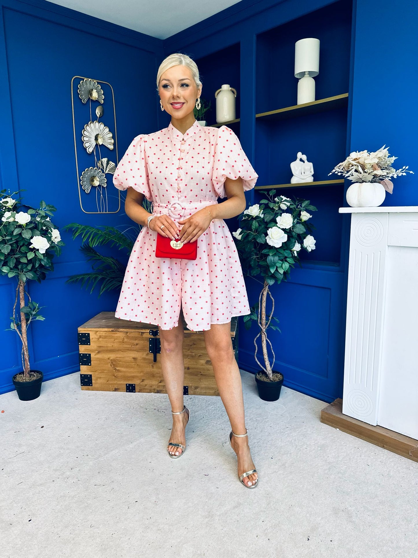 Kamilla Puff Sleeve Shirt Dress Red Polka Pink