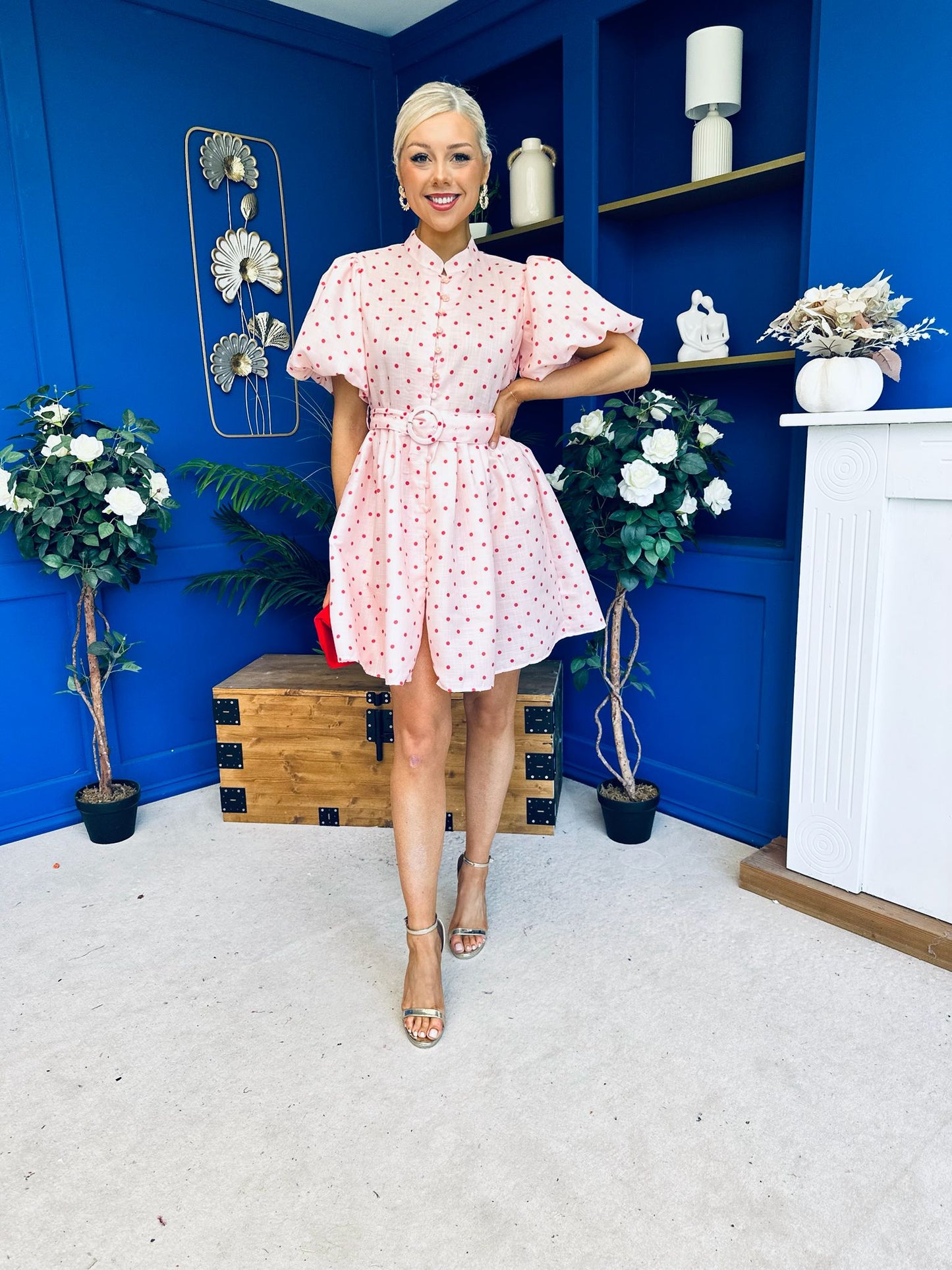 Kamilla Puff Sleeve Shirt Dress Red Polka Pink