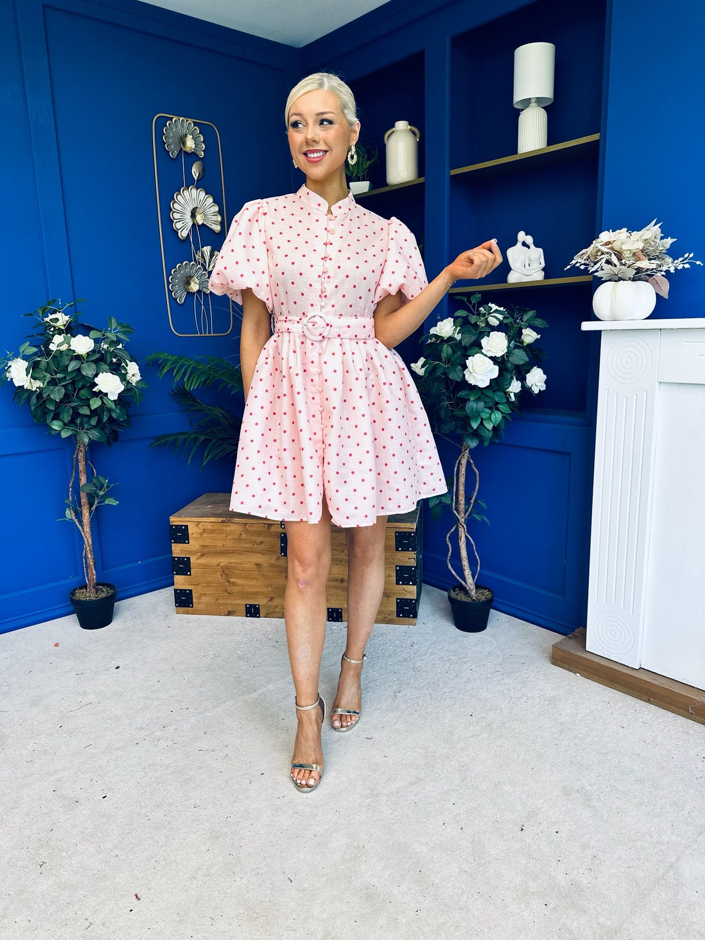 Kamilla Puff Sleeve Shirt Dress Red Polka Pink