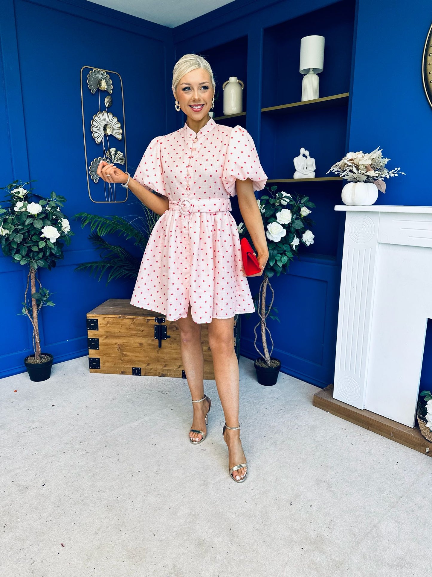 Kamilla Puff Sleeve Shirt Dress Red Polka Pink