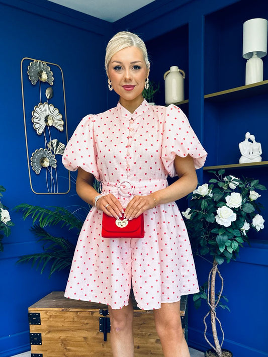 Kamilla Puff Sleeve Shirt Dress Red Polka Pink
