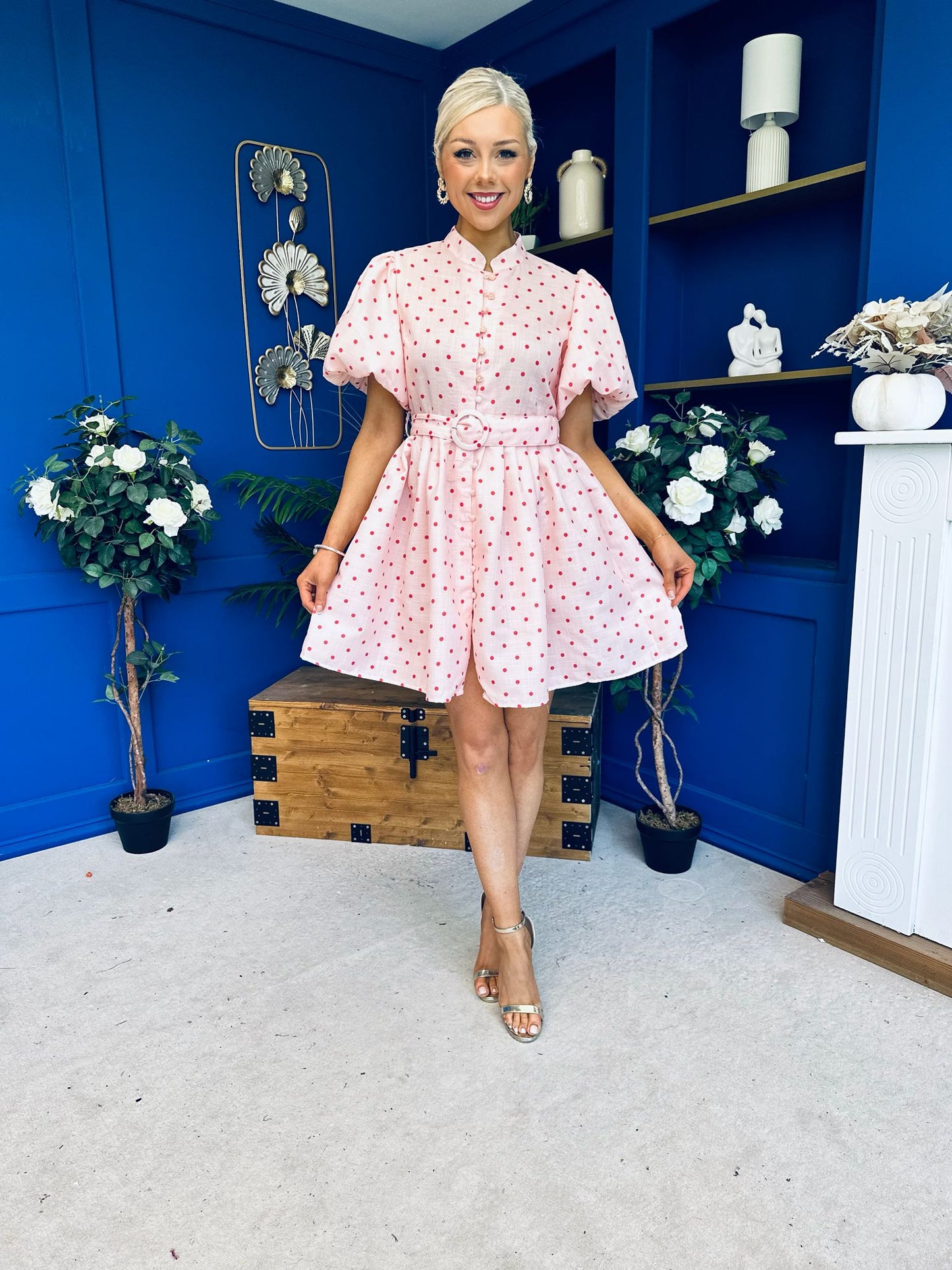 Kamilla Puff Sleeve Shirt Dress Red Polka Pink