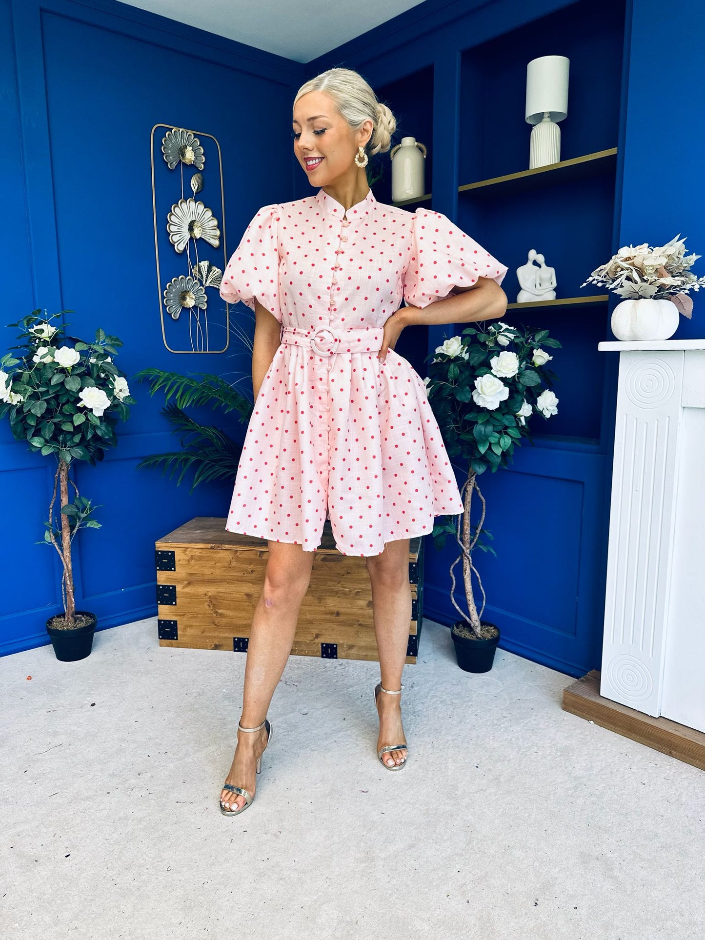 Kamilla Puff Sleeve Shirt Dress Red Polka Pink