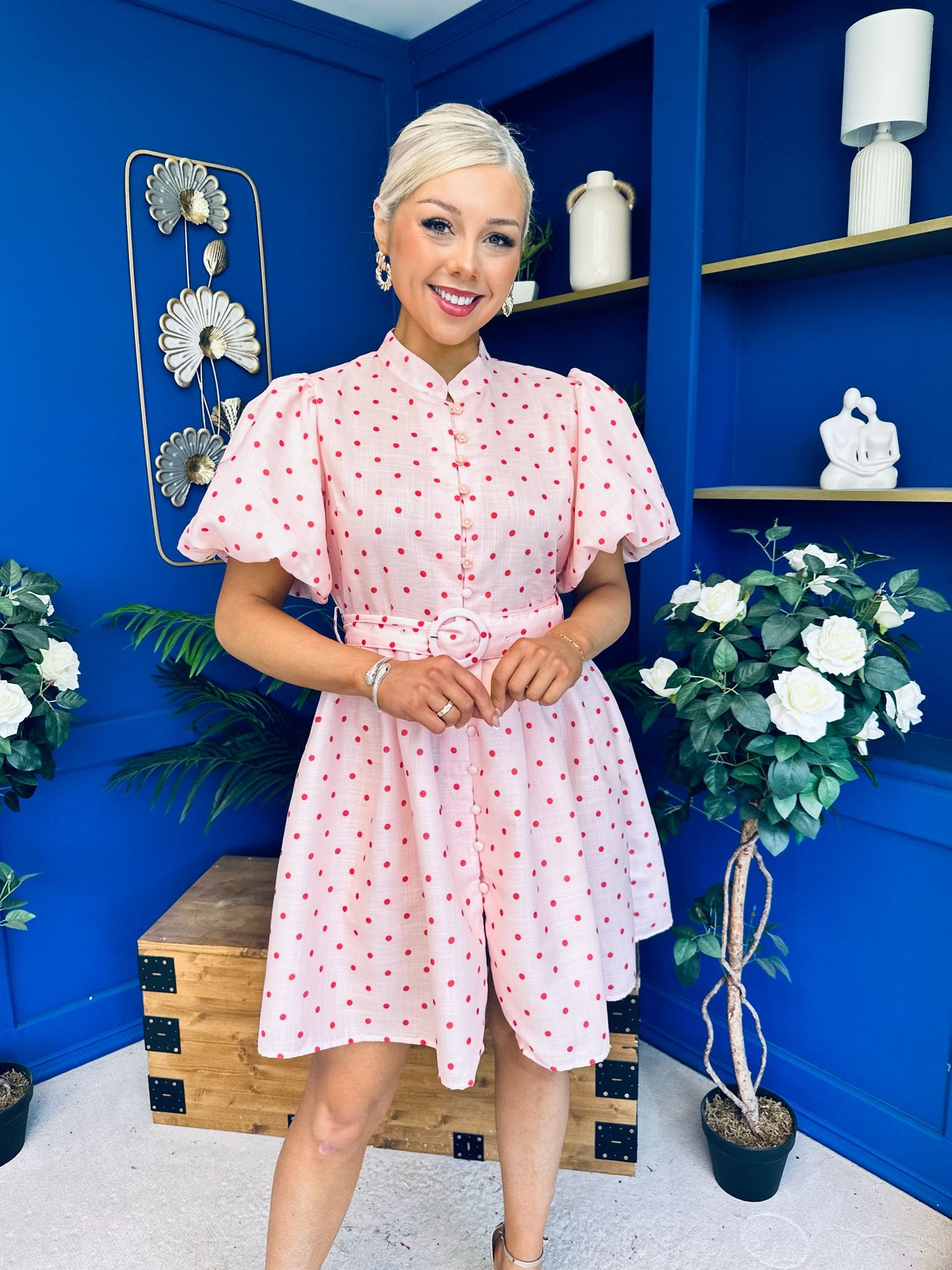 Kamilla Puff Sleeve Shirt Dress Red Polka Pink