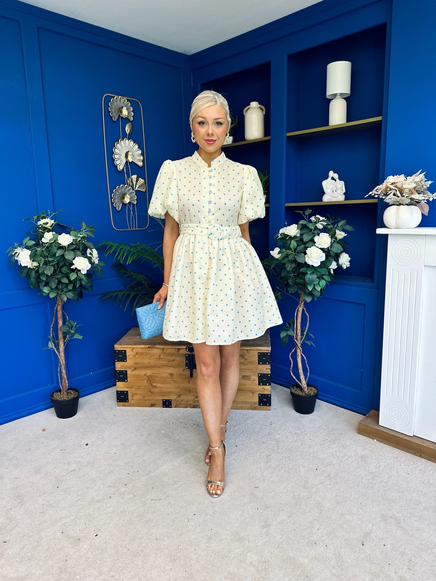 Kamilla Puff Sleeve Shirt Dress Blue Polka Yellow
