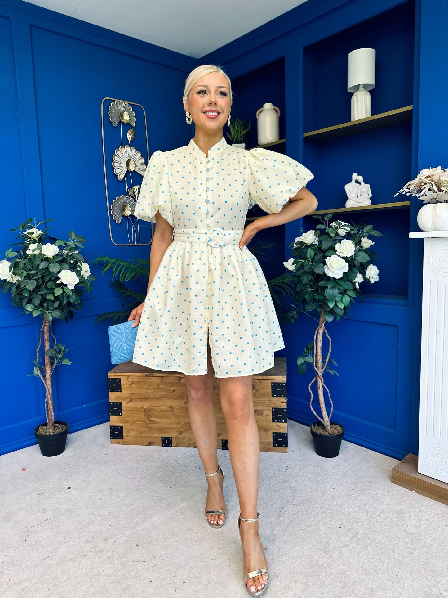 Kamilla Puff Sleeve Shirt Dress Blue Polka Yellow