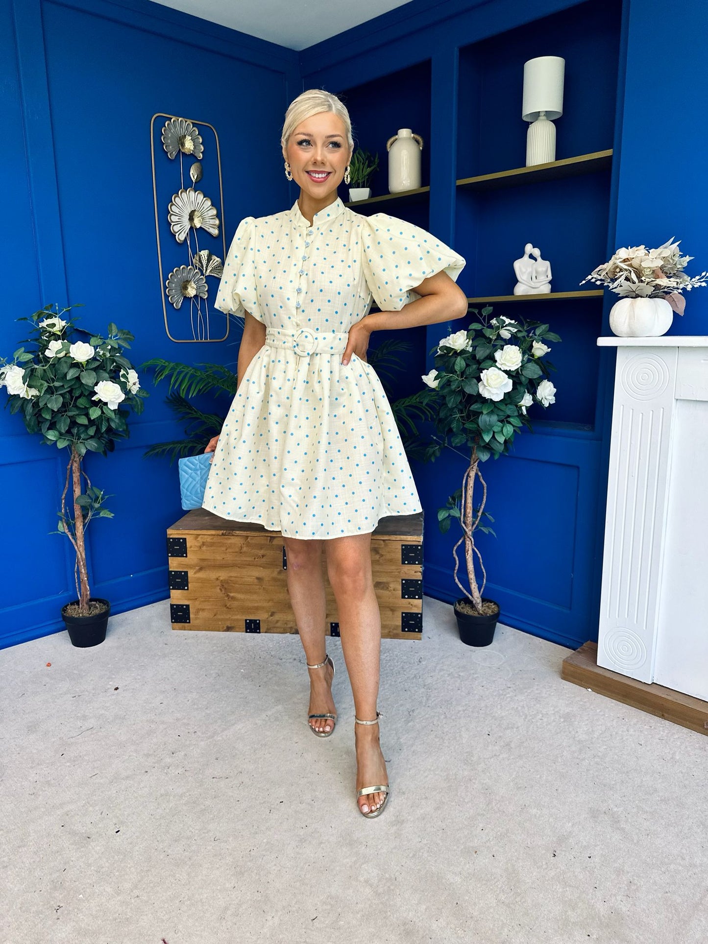 Kamilla Puff Sleeve Shirt Dress Blue Polka Yellow