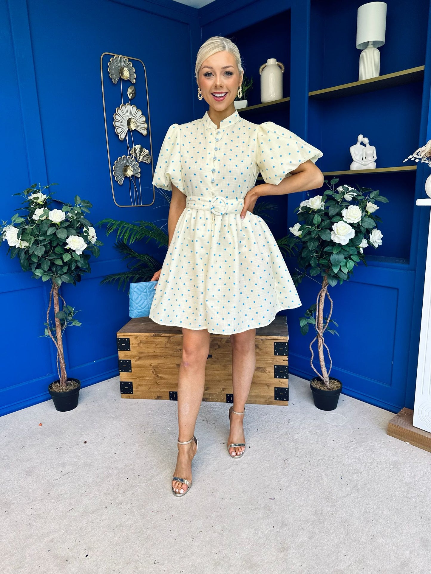 Kamilla Puff Sleeve Shirt Dress Blue Polka Yellow