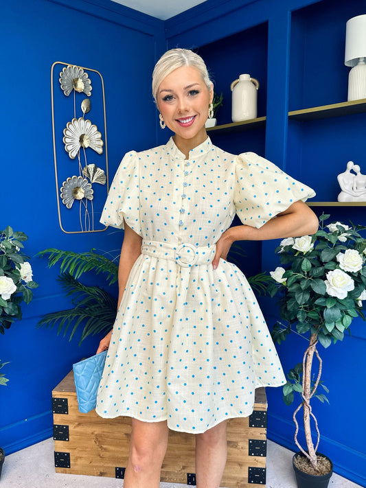 Kamilla Puff Sleeve Shirt Dress Blue Polka Yellow