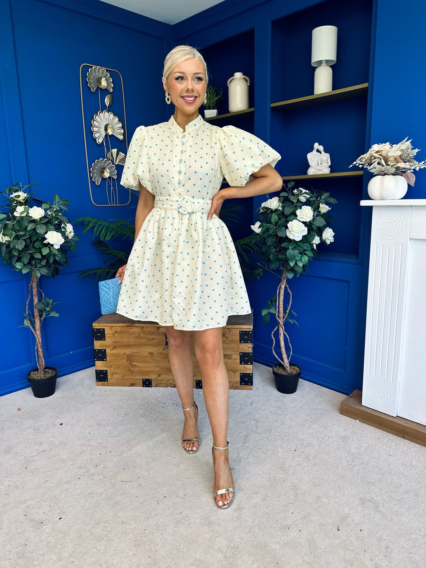 Kamilla Puff Sleeve Shirt Dress Blue Polka Yellow