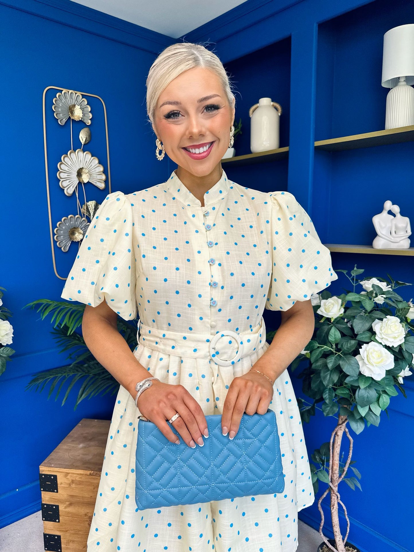 Kamilla Puff Sleeve Shirt Dress Blue Polka Yellow
