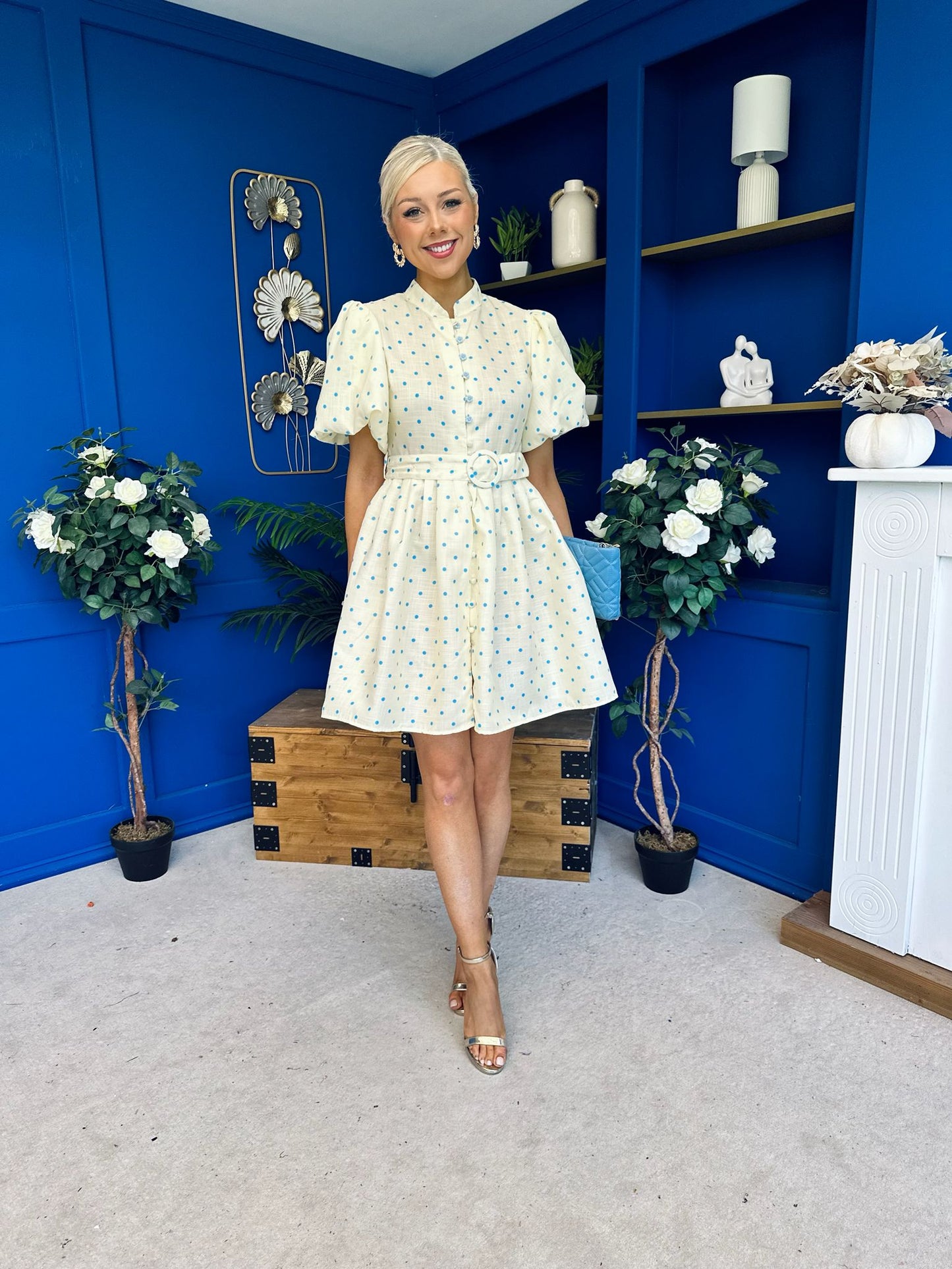 Kamilla Puff Sleeve Shirt Dress Blue Polka Yellow