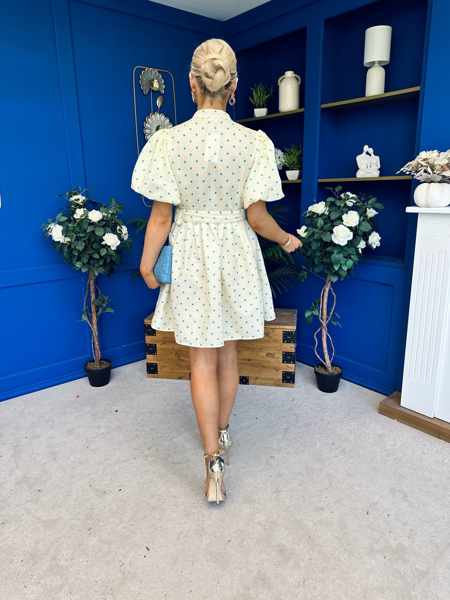 Kamilla Puff Sleeve Shirt Dress Blue Polka Yellow
