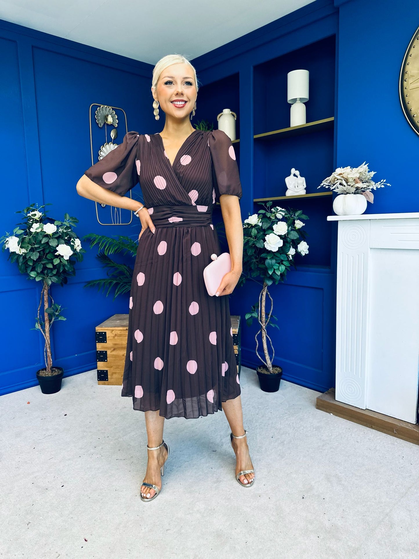 Daire Pleated Midi Dress Pink Polka Choc