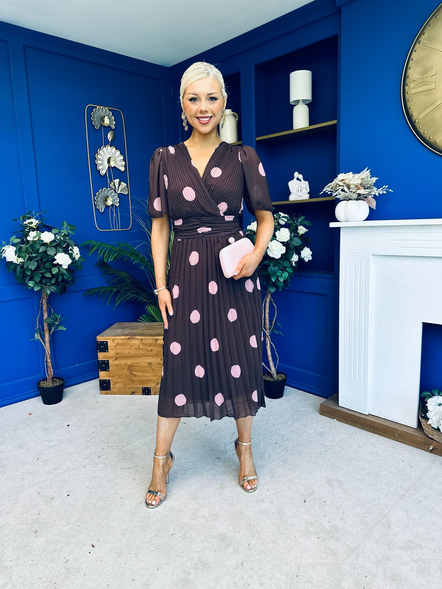 Daire Pleated Midi Dress Pink Polka Choc