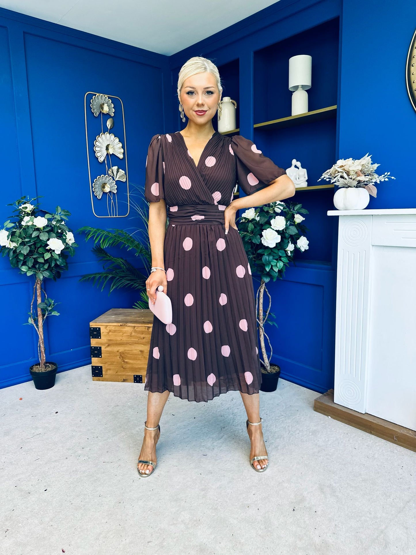 Daire Pleated Midi Dress Pink Polka Choc