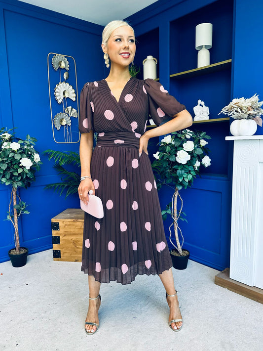 Daire Pleated Midi Dress Pink Polka Choc