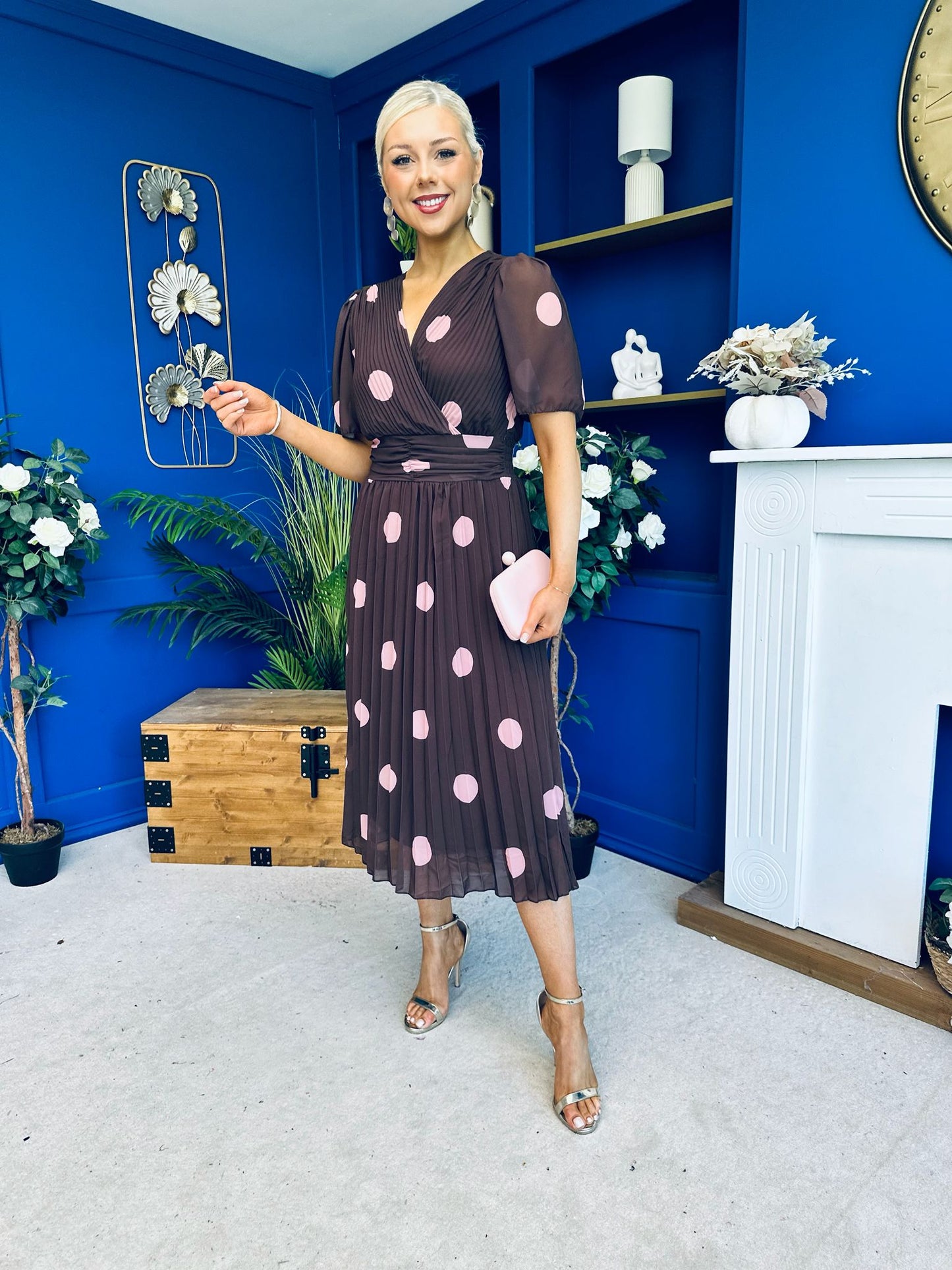Daire Pleated Midi Dress Pink Polka Choc