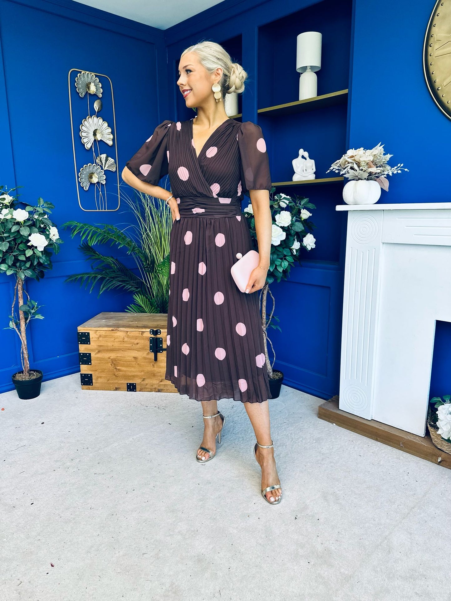 Daire Pleated Midi Dress Pink Polka Choc