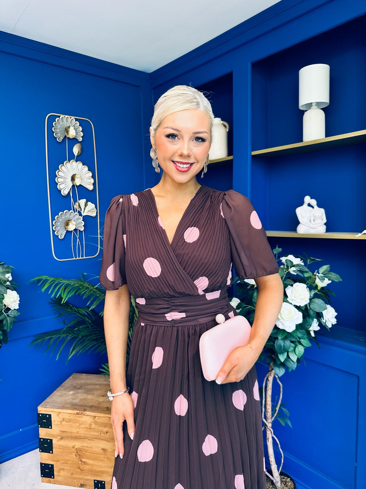 Daire Pleated Midi Dress Pink Polka Choc