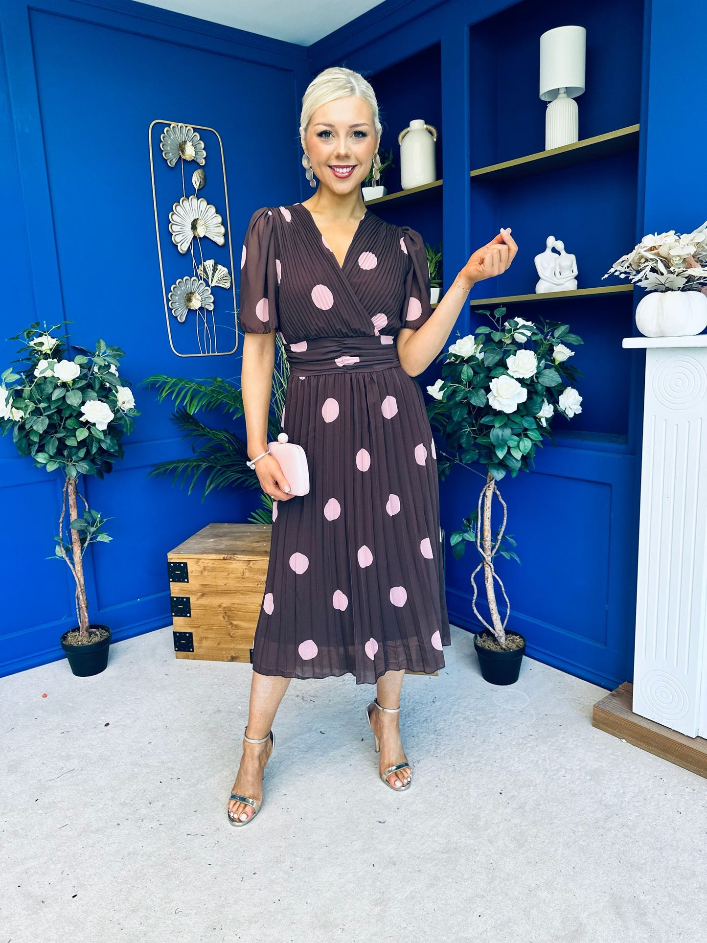 Daire Pleated Midi Dress Pink Polka Choc