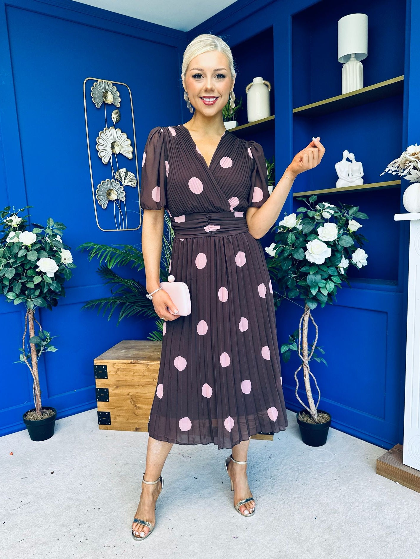 Daire Pleated Midi Dress Pink Polka Choc