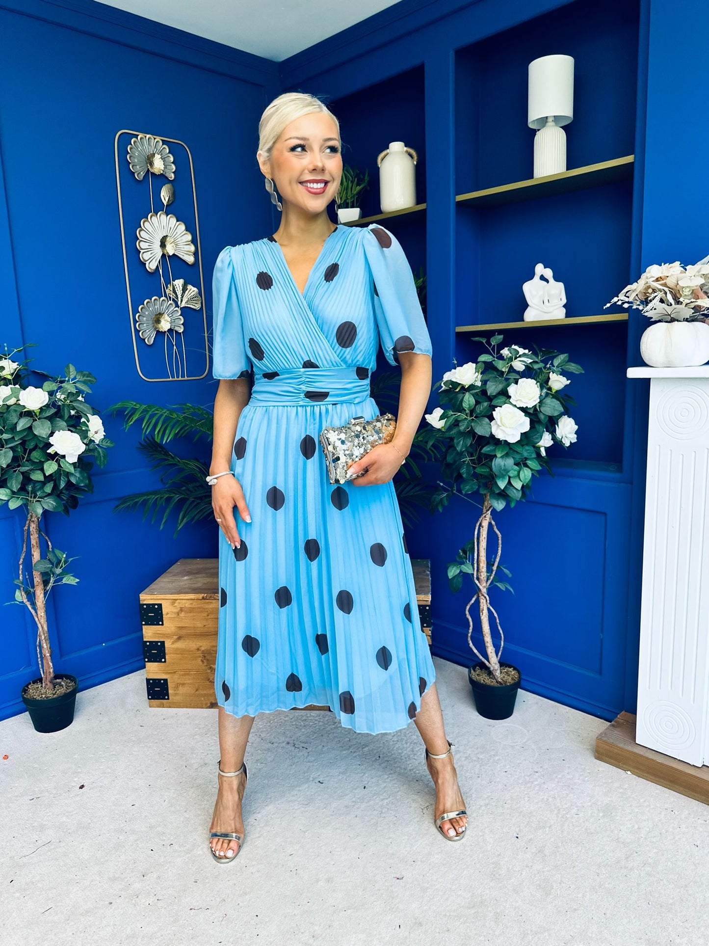Daire Pleated Midi Dress Coco Polka Blue