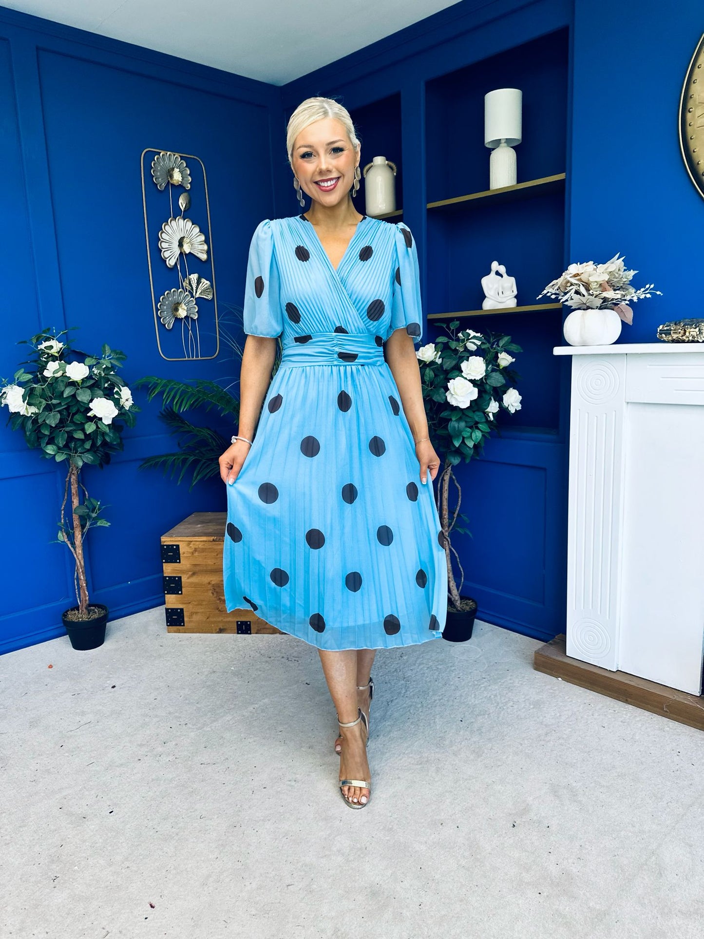 Daire Pleated Midi Dress Coco Polka Blue