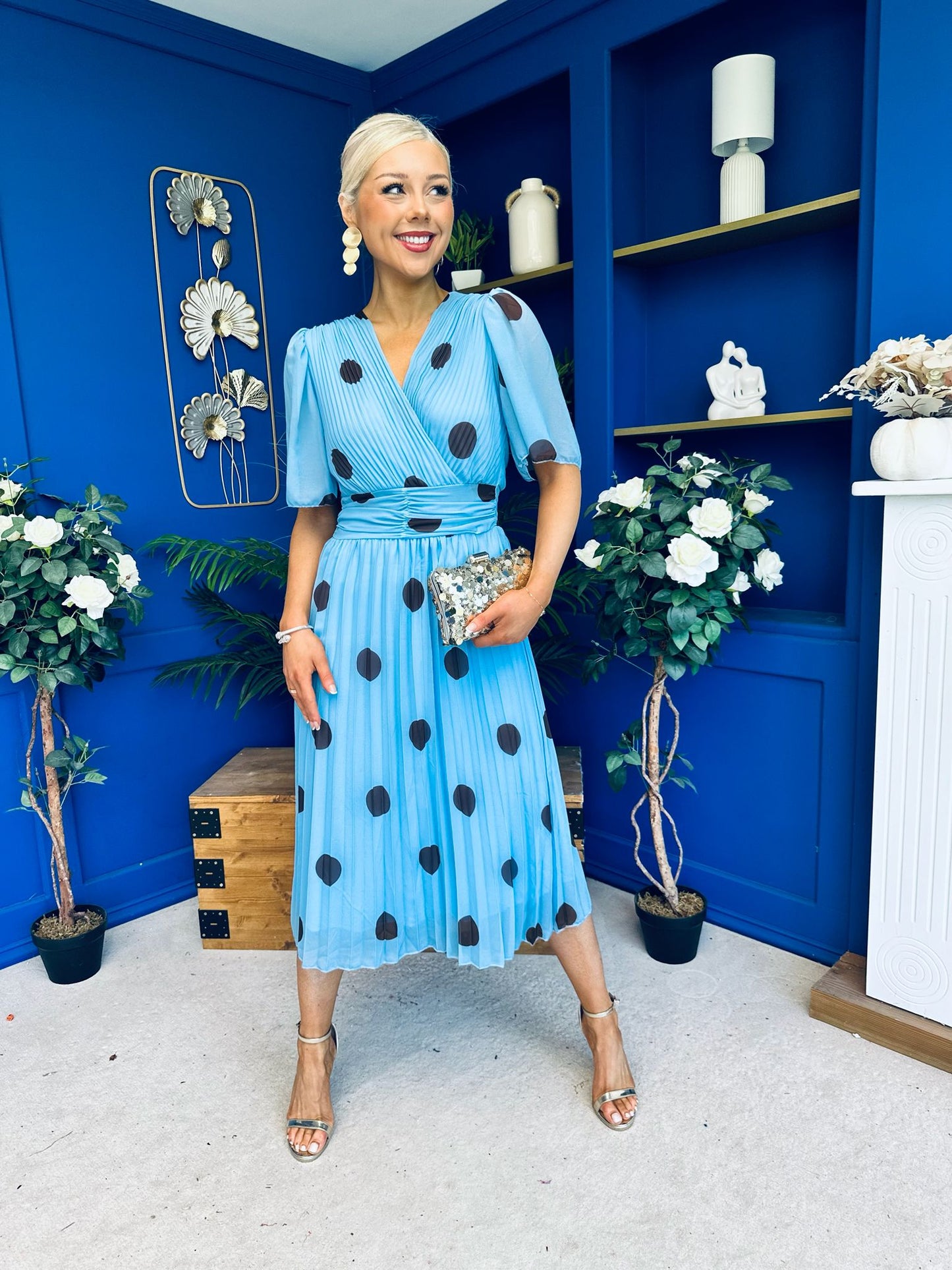 Daire Pleated Midi Dress Coco Polka Blue