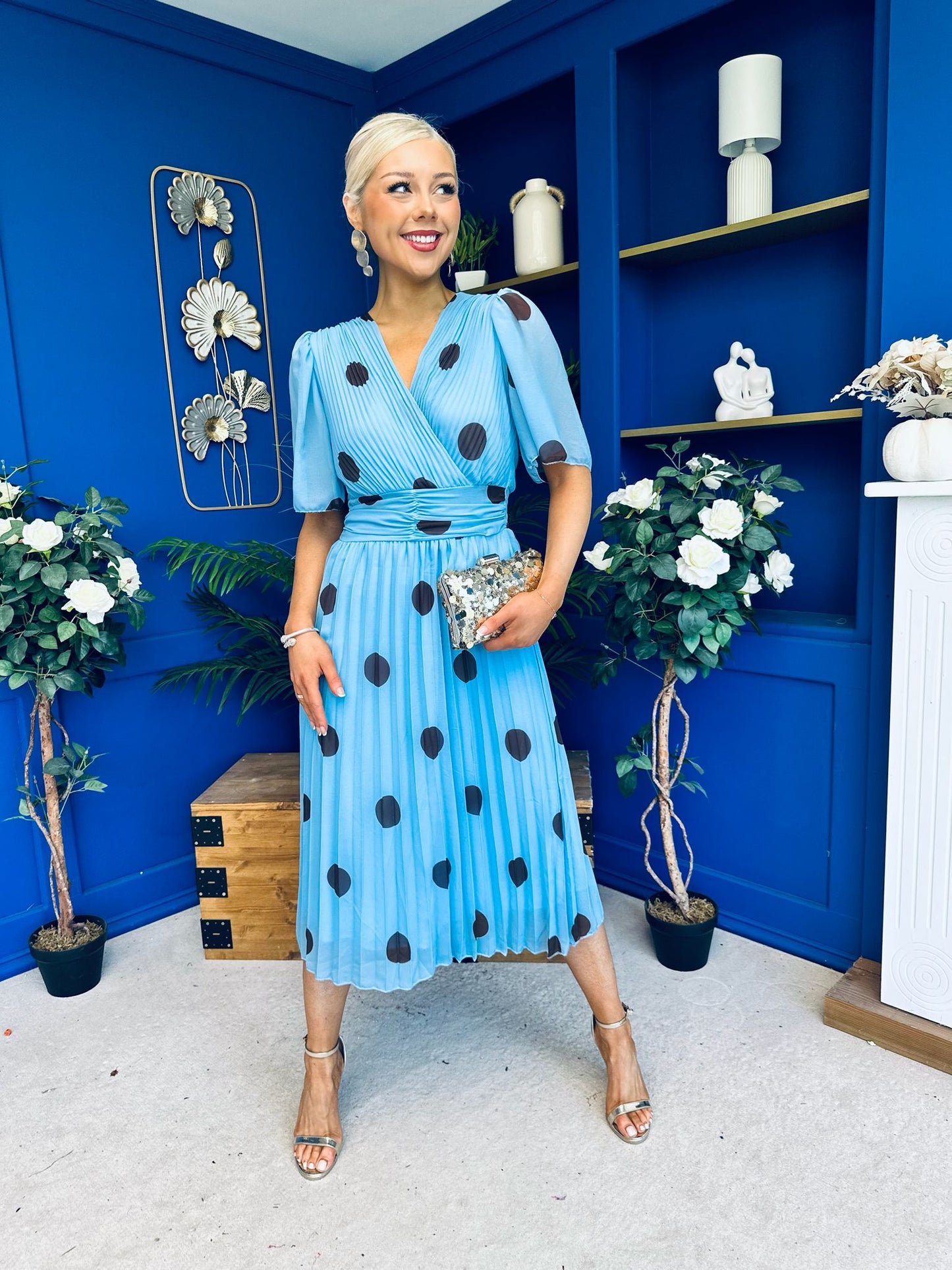 Daire Pleated Midi Dress Coco Polka Blue