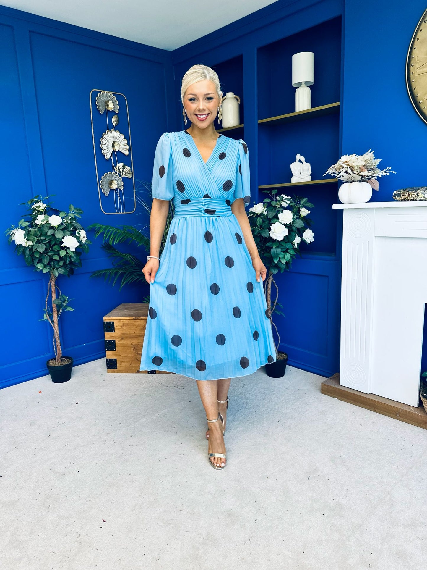 Daire Pleated Midi Dress Coco Polka Blue
