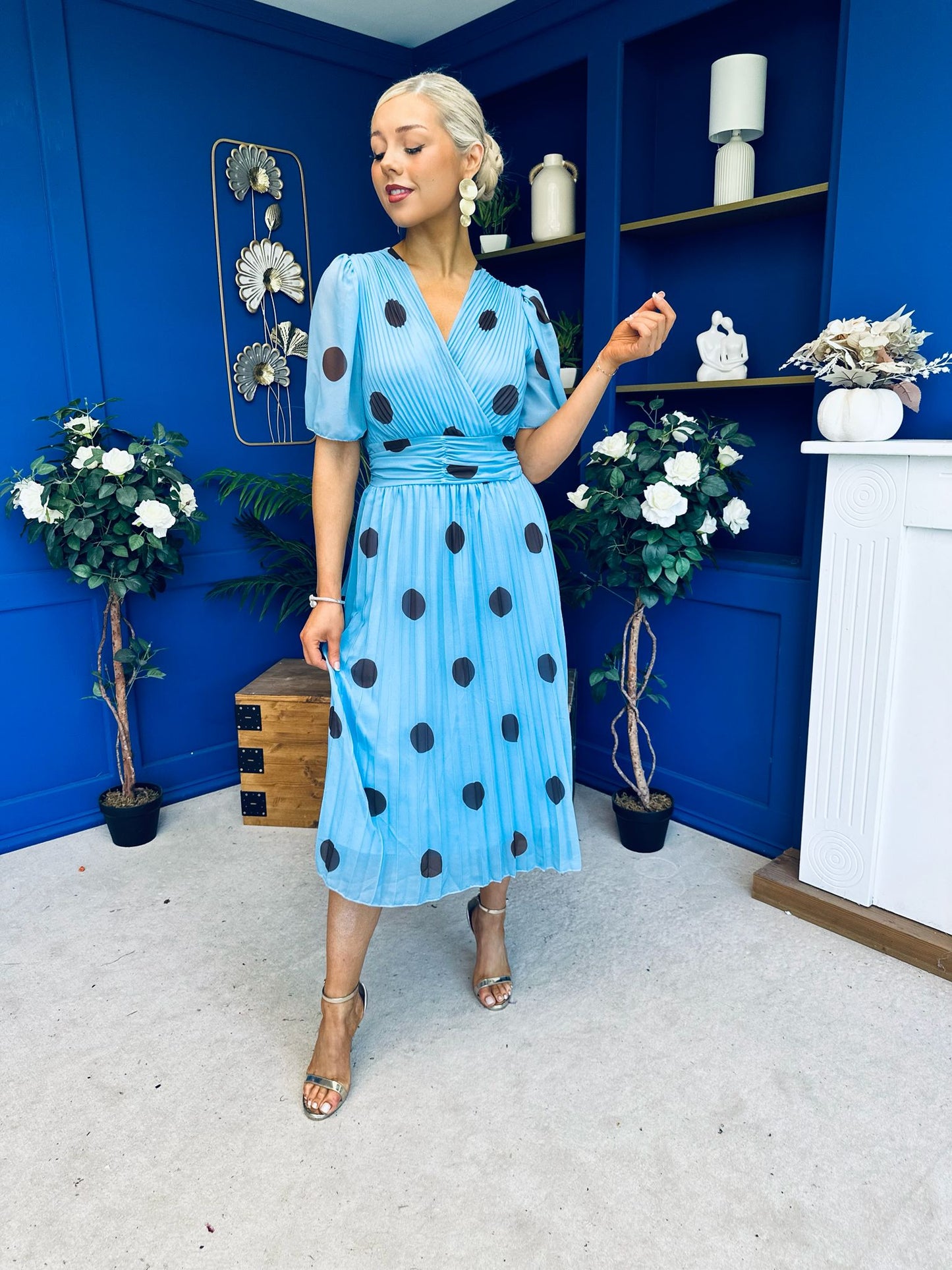 Daire Pleated Midi Dress Coco Polka Blue