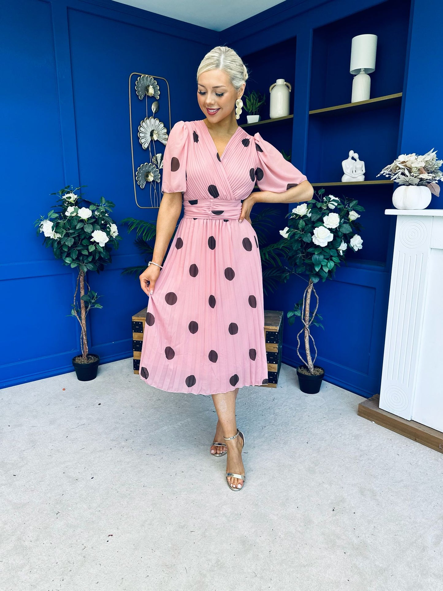 Daire Pleated Midi Dress Coco Polka Pink