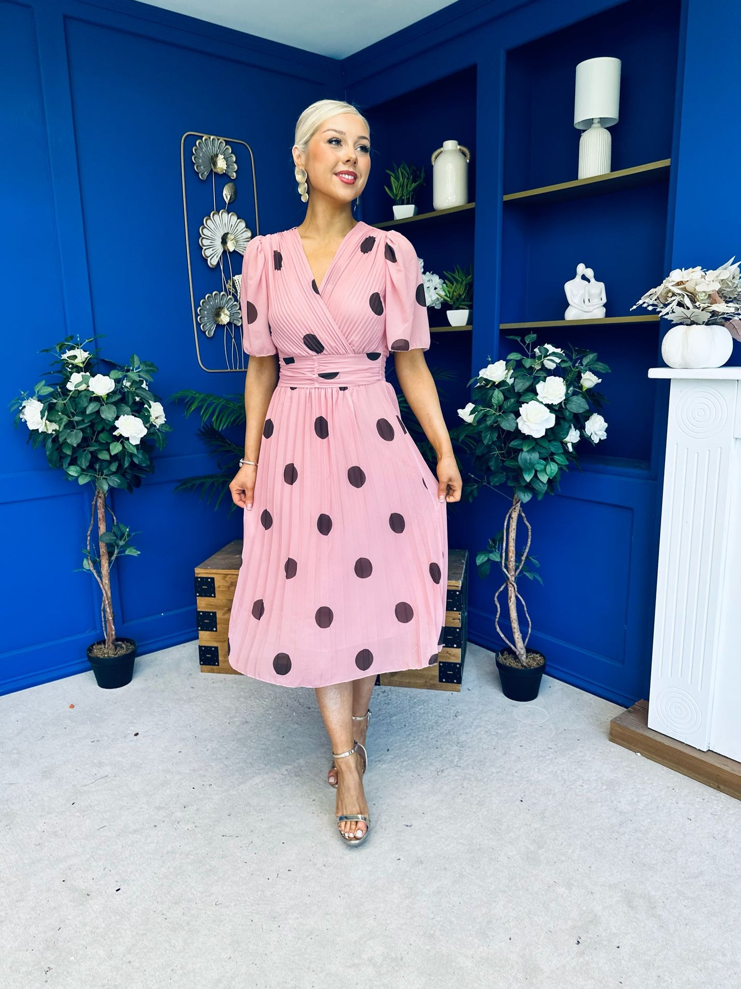 Daire Pleated Midi Dress Coco Polka Pink