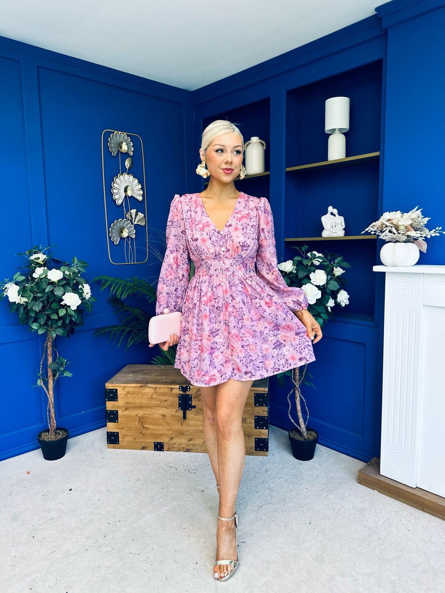 Hope Button Detail Mini Dress Floral Lilac