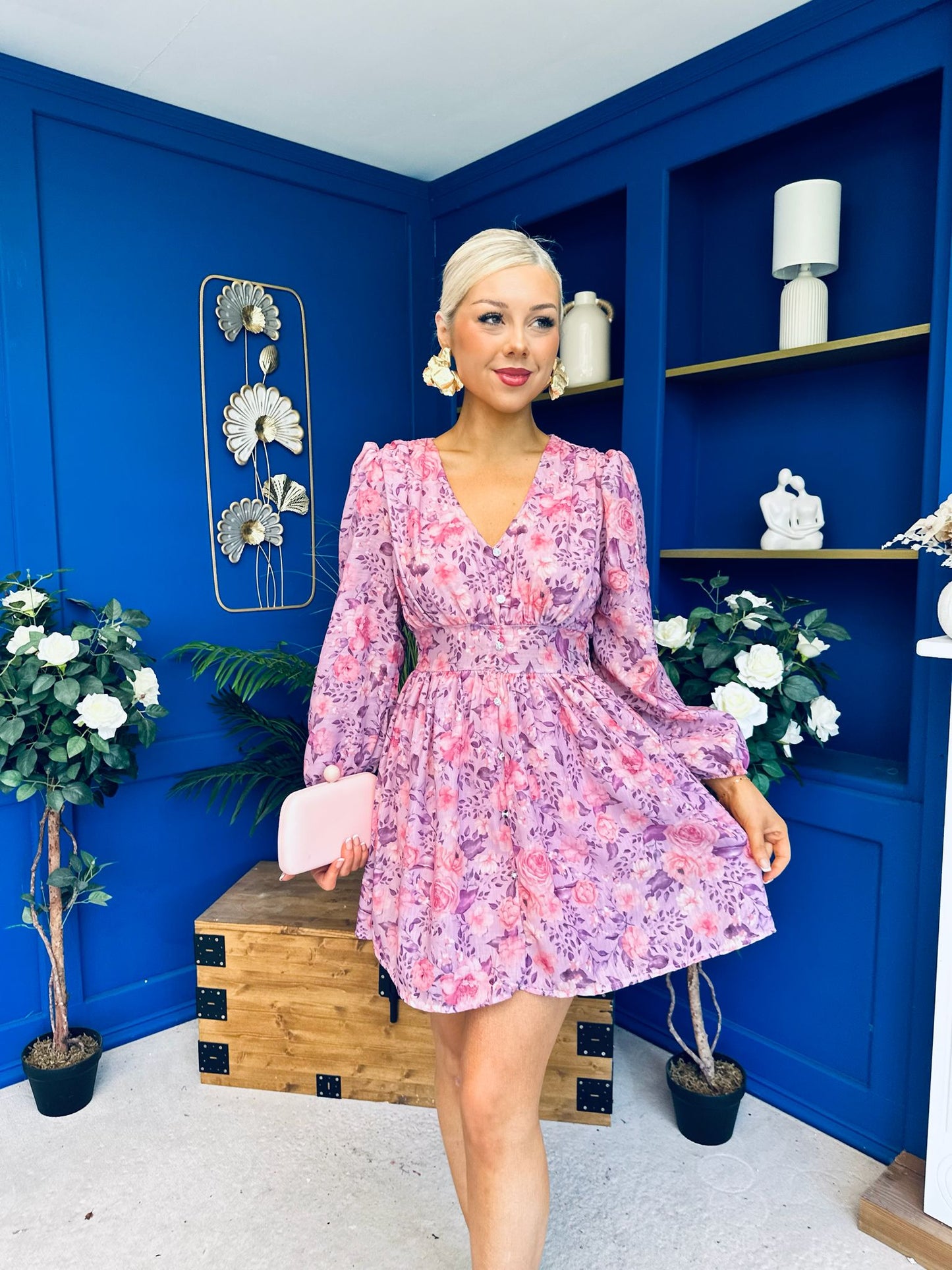 Hope Button Detail Mini Dress Floral Lilac